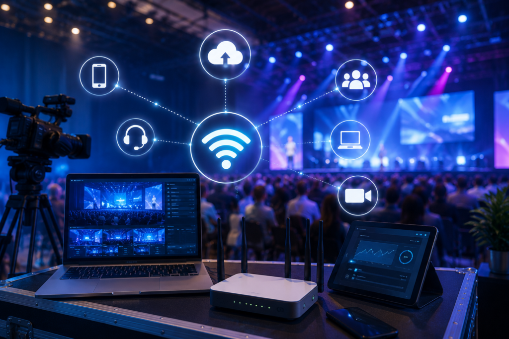 Crowded live event venue with streaming equipment, Wi-Fi router, laptops, cameras, and connected devices, illustrating high-bandwidth internet usage for live production, guest connectivity, and event operations.