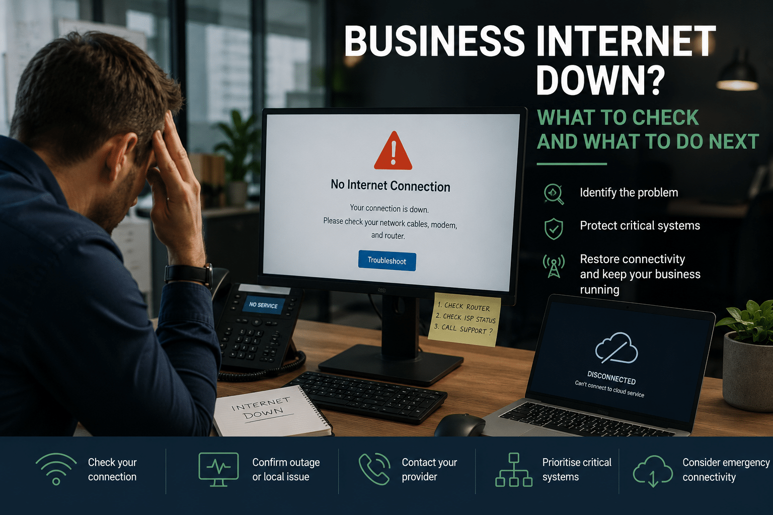 Business internet outage showing an office computer with no internet connection and steps to restore connectivity