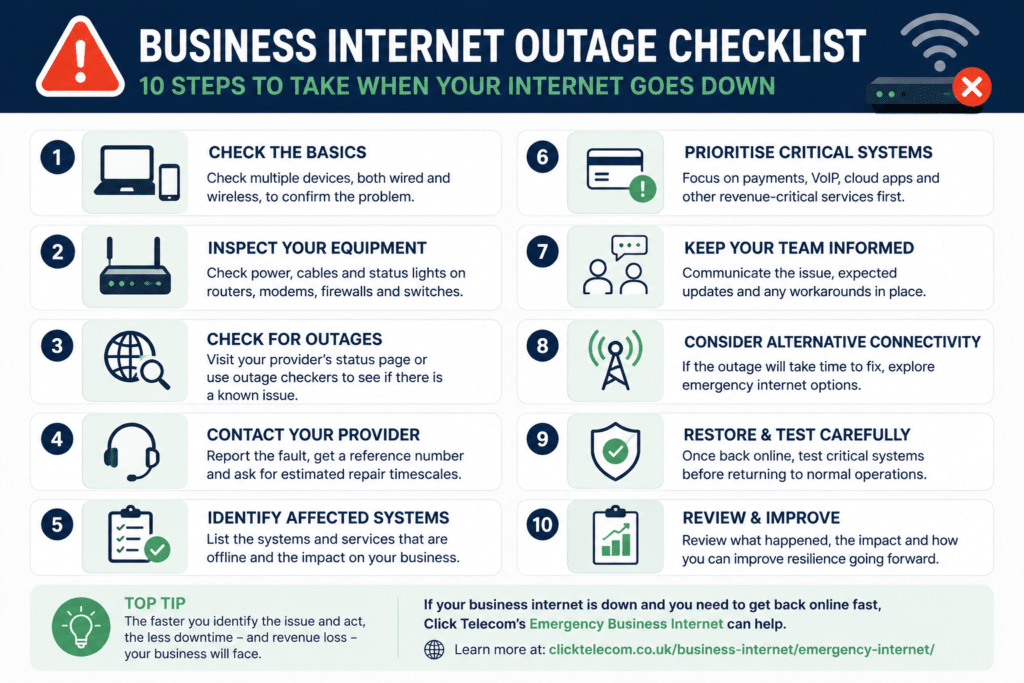 Business internet outage checklist showing 10 steps to diagnose the problem, protect critical systems and restore connectivity