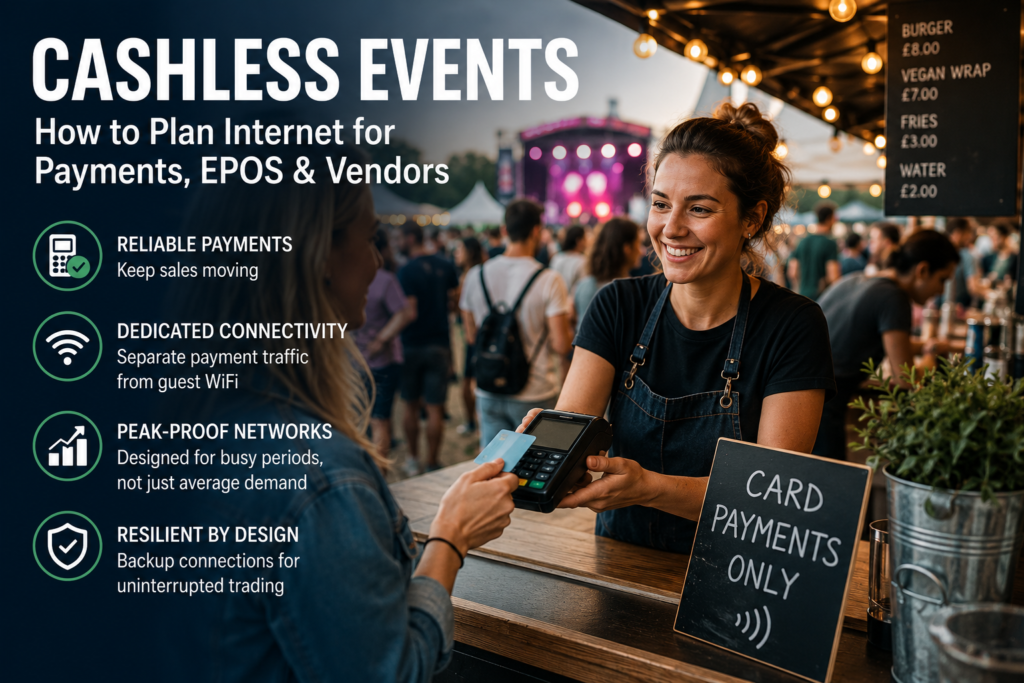 Customer making a contactless card payment at a cashless event using a connected payment terminal