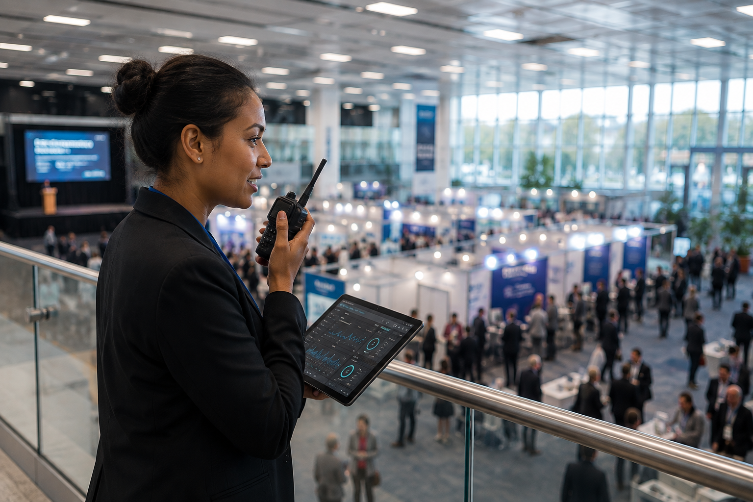 Venue operations manager monitoring connectivity during a busy exhibition